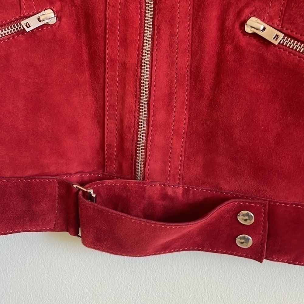 IRO Tatiana Red Suede Leather Jacket Silver Zippers Buckle Belt Fall Size 8 (40) - Picture 10 of 13